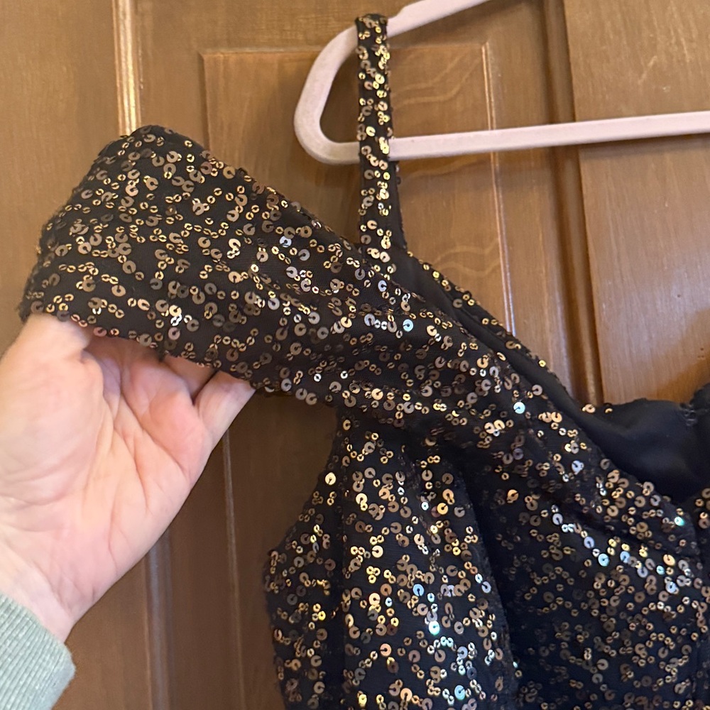 Black and Gold Sequin Off Shoulder Gown - Picture 3 of 4